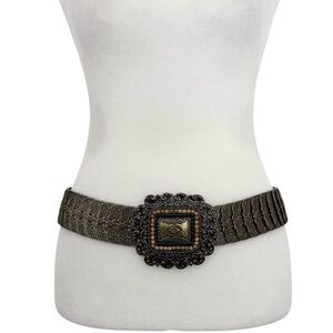 Y2K Boho Coachella Festival Statement Wide Elastic Brass Tone Belt Ornate Buckle